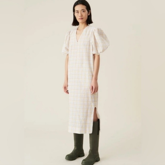 Ganni Dresses & Skirts - GANNI  | Seersucker Pastel Checkered Puffy Sleeve Midi Dress EU 36